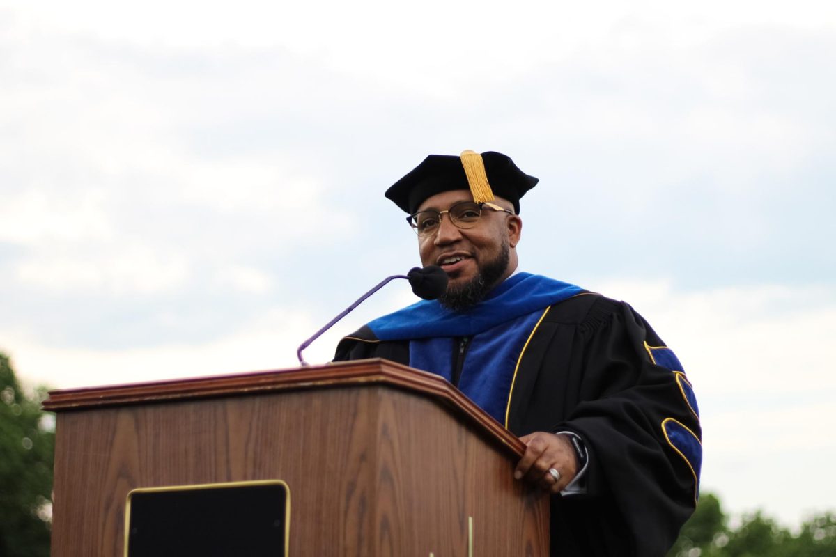 Superintendent Dr. Anthony Lewis speaks at the 2023 Free State graduation ceremony.