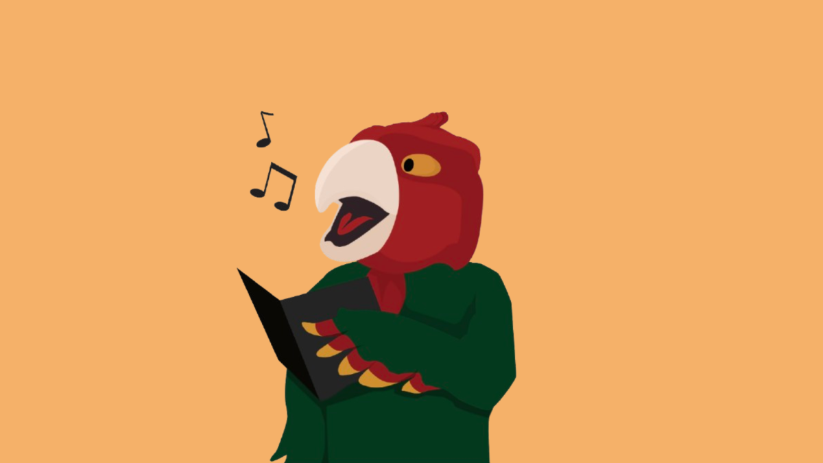 Freddy the Firebird singing like our chamber choir birds. Digital illustration by Abbie Veeder